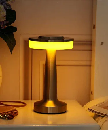 Rechargeable Touch LED Table Lamp with USB‑C charging, dimmable metal night lamp on bedside table, imagecaption=Sleek dimmable LED table lamp – perfect for bedroom, office or study.