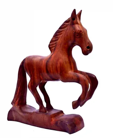 Handcrafted large wooden horse decorative figurine displayed on a wooden shelf, imagecaption=Elegant large wooden horse showpiece – perfect for home décor