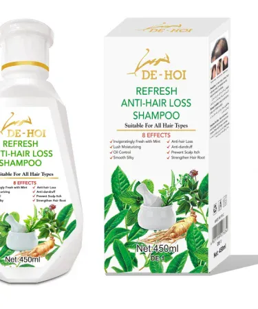 DE‑HOI Refresh Anti‑Hair Loss Shampoo bottle with ginger extract label, natural ingredients, and Khareedo | Kharedo branding