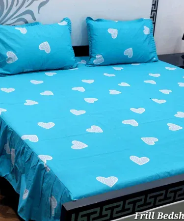 Luxurious Premium Quality King Size Frill Bedsheet Set – Pure Cotton with Two Pillow Covers displayed on a king-size bed, imagecaption=Premium pure cotton frill bedsheet set with two matching pillow covers – available at Khareedo|Kharedo ,