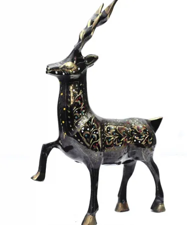 Markhor brass deer sculpture with golden floral detailing, handcrafted home decor piece