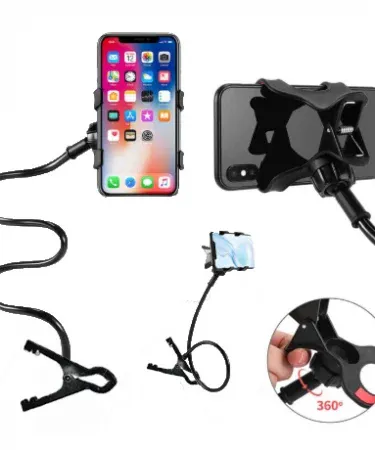 Metal flexible 360° rotating mobile phone holder on a desk, imagecaption=Versatile metal phone holder with 700 mm gooseneck arm for bedside and desk use.