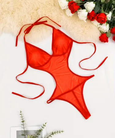 Ladies Stylish Bikini Set in Red Soft Net Fabric, imagecaption=Elegant Ladies Stylish Bikini Set – Adjustable Fit, Available in Red, Black, Maroon & Navy ,