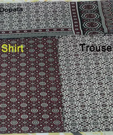 Premium Unstitched Ajrak Suit for Women – vibrant Sindhi cotton dress with traditional block prints, 3‑piece set (shirt, trousers, dupatta)
