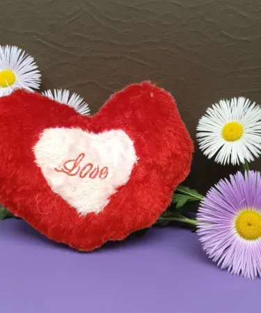 Love Heart Pillow – soft plush romantic cushion with embroidered “Love” text, perfect for home décor and gifts