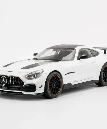 1:18 Scale Mercedes AMG GTR Diecast Model Car – Luxury Sports Car Collectible with Openable Doors, Detailed Interior & Alloy Body, premium alloy finish, realistic interior, rolling rubber tires, displayed on a showroom shelf.