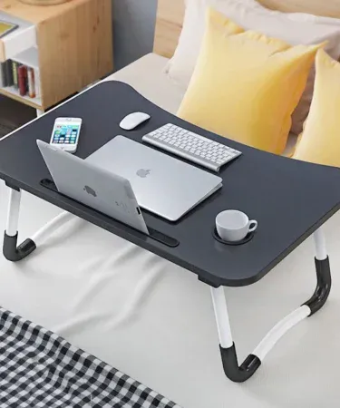 Abu Turab (أبو تراب) portable folding laptop desk – wooden foldable study table for bed, sofa and tea serving, shown folded and unfolded with laptop and cup