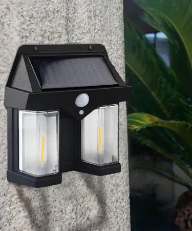 Double Head Antique Solar Sensor Lamp mounted on a villa wall, showing dual antique heads and solar panel