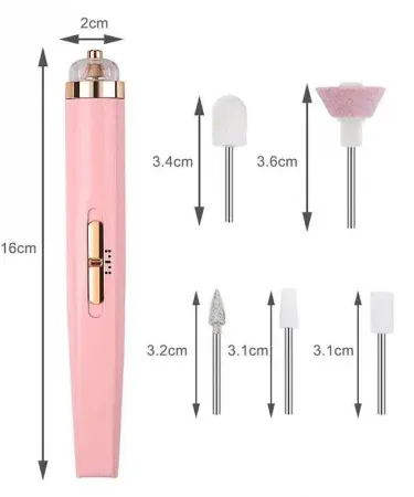 Abu Turab (أبو تراب) electric nail drill sander machine with LED light and USB charging, showing 5 interchangeable drill bits and rechargeable battery
