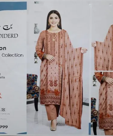 Embroidered cotton shirt, printed cotton dupatta and plain dang trouser from Bin Hudaibiya collection, imagecaption=Elegant Embroidered Cotton Collection by Bin Hudaibiya – available on Khareedo | Kharedo with Check on Delivery,
