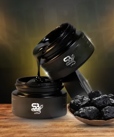 Premium Himalayan Shilajit resin in a traditional wooden box, showcasing its dark, mineral‑rich texture against a backdrop of the Baltistan mountains.