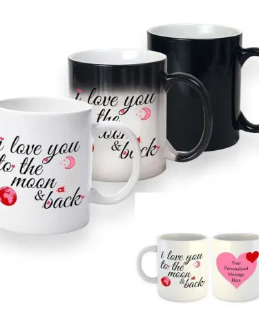 Heat‑sensitive black magic mug revealing a custom photo when hot coffee is poured