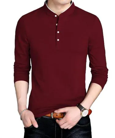 Men’s maroon long sleeve Henley shirt with button placket, soft breathable fabric, styled on a male model wearing jeans