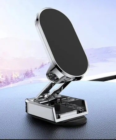 Silver mobile phone holder with built‑in USB earphone cable winder on a desk, showing sleek ABS metal design