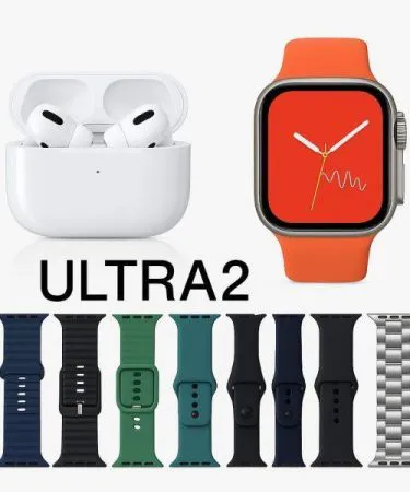 AirPods Pro 2 and Ultra 7‑in‑1 Smartwatch Combo in silver packaging with earbuds, smartwatch, charger and 7 wristbands displayed on a white background,