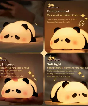 Silicone Panda Night Lamp emitting a soft warm glow on a bedside table, perfect for kids' rooms and nurseries, imagecaption=Adorable silicone panda night lamp adding cozy ambience to any bedroom.