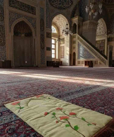 customized hand‑painted prayer mat on cotton silk fabric with optional padding, personalized religious design