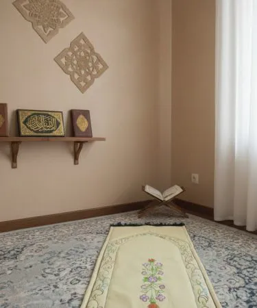 customized hand‑painted prayer mat on cotton silk fabric with optional padding, personalized religious design