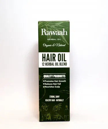 Rawaah 12 Herb Organic Hair Oil bottle with herbal ingredients background