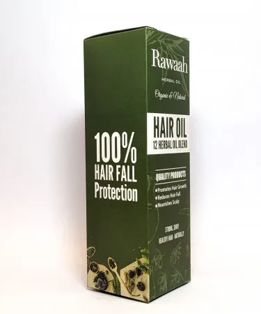 Rawaah 12 Herb Organic Hair Oil bottle with herbal ingredients background