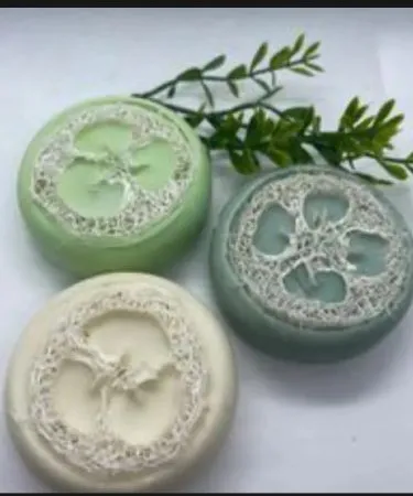 Loofah Organic Soap Bar – Refreshing Natural Exfoliant for Smooth Skin, handmade 100g organic loofah soap bar with natural fragrance, displayed on a bamboo tray with tropical leaves.