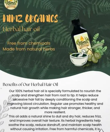 Nimz Herbal Hair Oil bottle with natural herbs and green label, imagecaption=Nimz Herbal Hair Oil – 100% Natural Herbal Formula for Stronger, Shinier Hair,