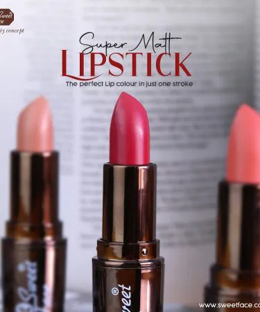 Sweet Face Super Matte Lipstick in a rich red shade, applied on lips**