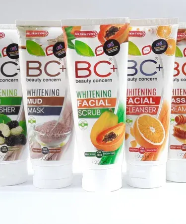 BC Plus Facial Kit Pack Beauty Concern Fruit Facial Set – 5 tubes (Massage Cream, Cleanser, Scrub, Mud Mask, Skin Polisher) displayed on a marble vanity