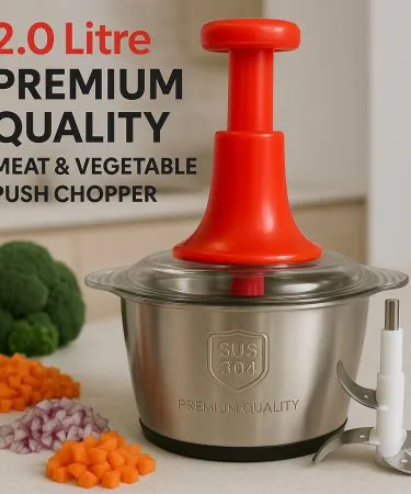 2.0 Litre 4‑Blade Premium Quality Meat and Vegetable Push Chopper with stainless steel bowl, imagecaption=Premium 2.0 Litre 4‑Blade Push Chopper – perfect for meat, vegetables and daily kitchen prep.