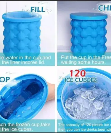 ABU‑TURAB Magic Ice Cube Maker Genie silicone rubber ice tray mold with large flexible ice bucket, food‑grade silicone, portable and dishwasher safe