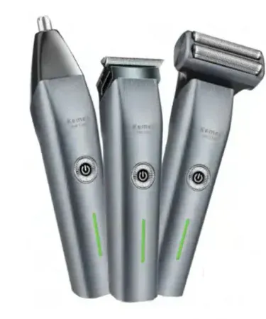 DALING DL‑9218 3‑in‑1 compact rechargeable hair clipper and shaver in black, showing USB charging port and precision blades.