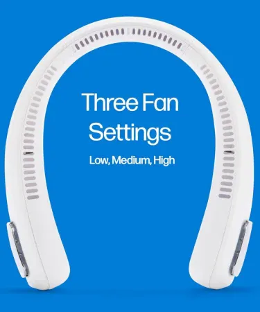 AbU Turab (أبو تراب) portable neck fan – hands‑free bladeless 360° cooling fan, lightweight and USB rechargeable, being worn around the neck for personal cooling