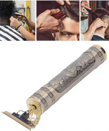 Abu Turab Vintage T9 USB rechargeable metal beard trimmer with T‑shaped zero‑gap blade, compact design, 4 guide combs, and washable stainless‑steel blades.