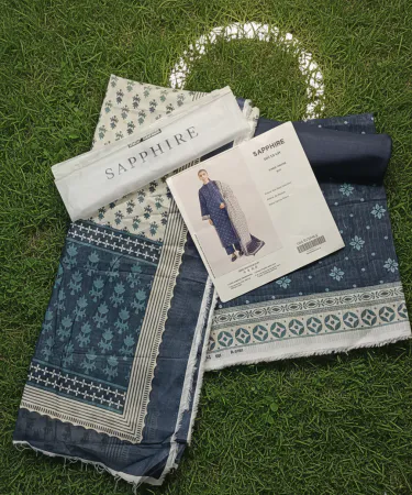 H.H Designer Summer Lawn 3PC Suit – embroidered top, chiffon dupatta, printed trousers on a white background,