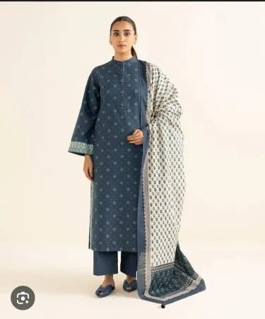 H.H Designer Summer Lawn 3PC Suit – embroidered top, chiffon dupatta, printed trousers on a white background,