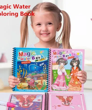 Magic Water Book – reusable invisible ink coloring book with water pen for kids, showing vibrant jungle animal designs appearing on the page, imagecaption=Kids enjoying mess‑free creative play with the Magic Water Book and Khareedo water pen.