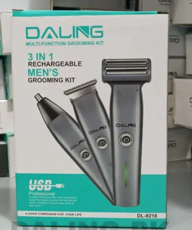 DALING DL‑9218 3‑in‑1 compact rechargeable hair clipper and shaver in black, showing USB charging port and precision blades.
