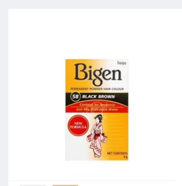 Bigen Permanent Powder Hair Color 58 – Black Brown long‑lasting natural hair dye in its original packaging, showing the powder and developer sachet.