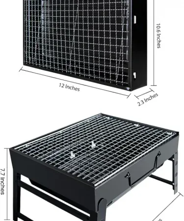 Abu Turab (أبو تراب) portable charcoal BBQ grill folded and ready for travel, showing compact design and carry straps