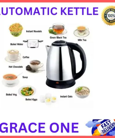 Electric Stainless Steel 220V Kettle with 2 L capacity, fast‑boil feature, cool‑touch handle and power indicator light, imagecaption=Premium stainless steel electric kettle – fast boiling, safe to use, perfect for tea, coffee and soups.