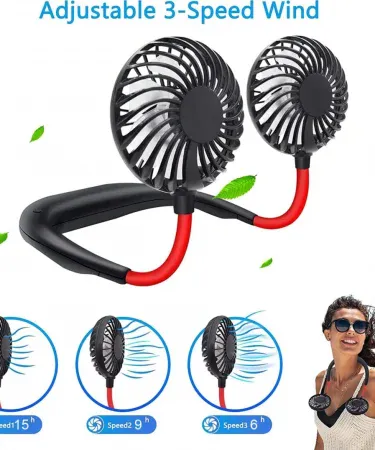 Abu Turab (أبو تراب) USB rechargeable hanging neck fan with 360° dual heads, portable mini fan for kitchen, office and travel in Pakistan