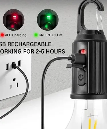 Rechargeable camping bulb with multiple lighting modes on a campsite, imagecaption=Versatile rechargeable camping bulb – perfect for outdoor adventures,