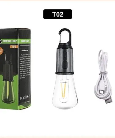 Rechargeable camping bulb with multiple lighting modes on a campsite, imagecaption=Versatile rechargeable camping bulb – perfect for outdoor adventures,