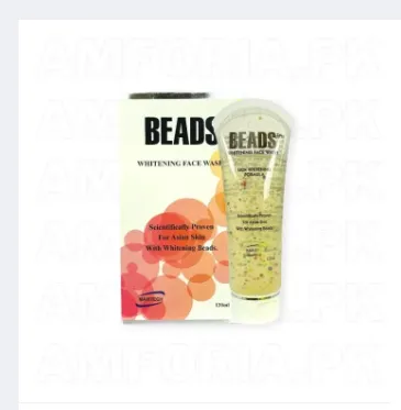Beads whitening face wash with brightening beads for Asian skin types, packaged in a sleek bottle, displayed on a clean white background.