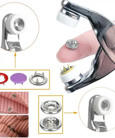 Steel body fastener snap button press tool with copper‑coated pliers and 9 mm metal ring buttons, portable DIY button press kit for clothes