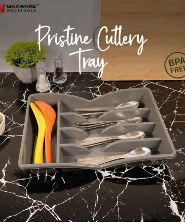 Cutlery tray drawer organizer with five utensil dividers for kitchen, desk and office, imagecaption=Versatile cutlery tray drawer organizer – perfect for kitchen drawers, office desks and workspaces,