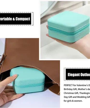 Abu Turab leather jewellery organizer box with zipper, velvet interior, compact travel size,