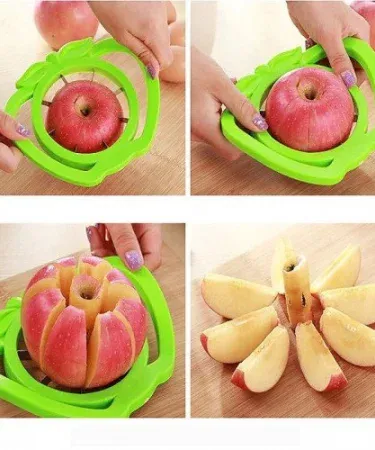 Upgraded Apple Cutter & Slicer with 8 stainless steel blades and non‑slip silicone handle, showing sliced apples on a wooden board