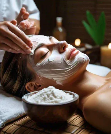 Fine 100% pure natural rice powder in a white jar, ideal for massage and exfoliating skin care, imagecaption=Pure natural rice powder – perfect for DIY massage and skin brightening,