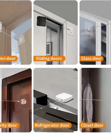 Abu Turab portable automatic stainless steel door closer with sensor and drawstring, installed on a residential door, showing punch‑free mounting system